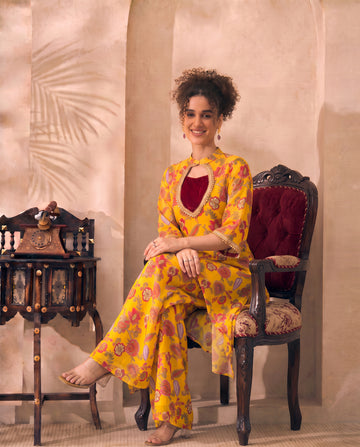 Multicolor Floral Printed Chiffon Kurta & Palazzo With Bustier Indo Western Women 3 Piece Set