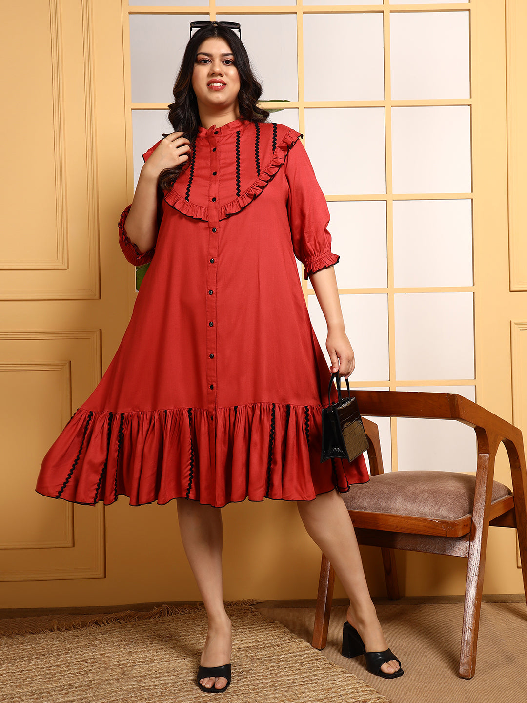 Rust Yoke Frill Designed Women's Plus Size Tiered Shirt Dress