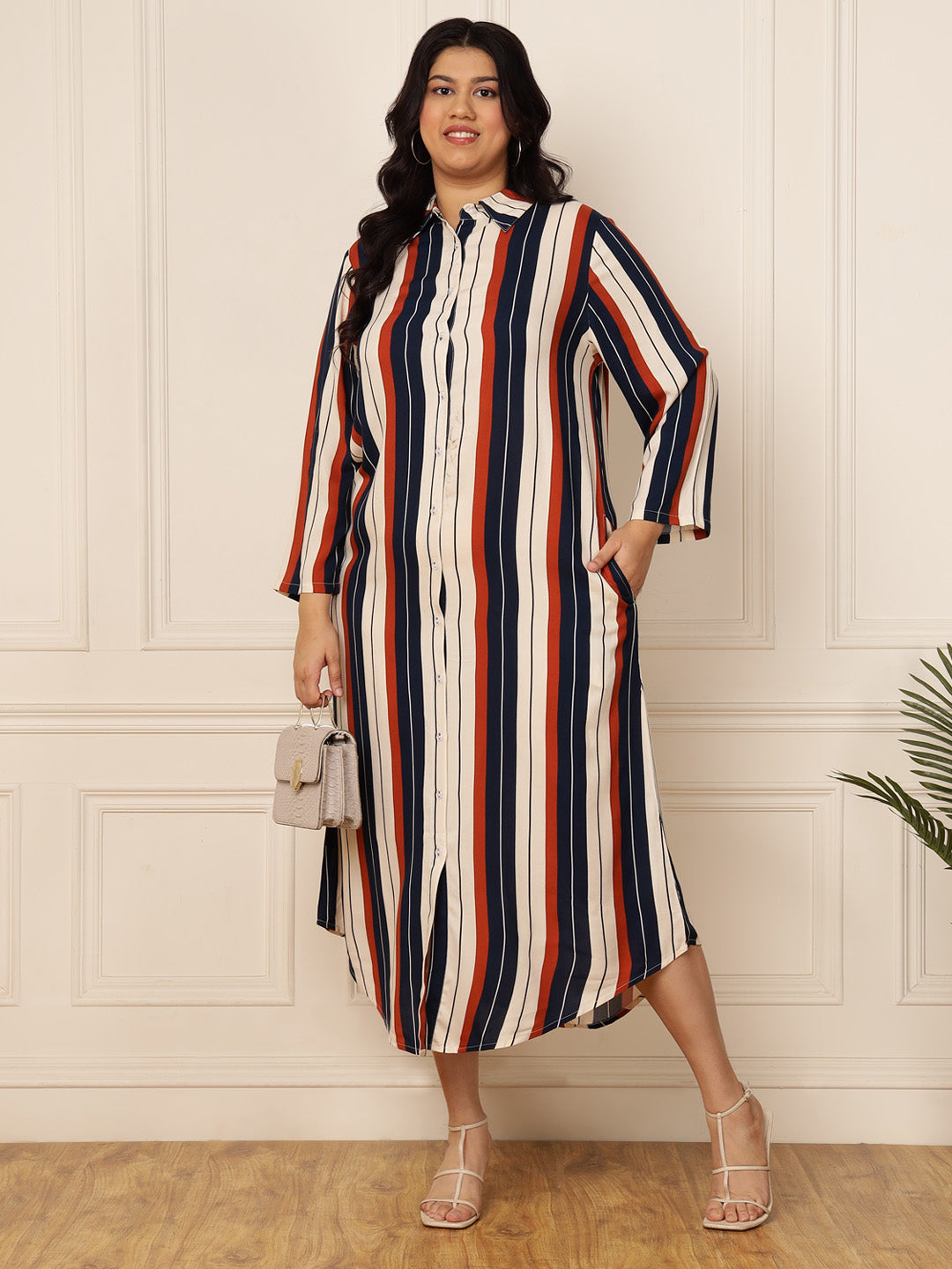 Women's Plus Size Multicolour Striped Shirt Dress