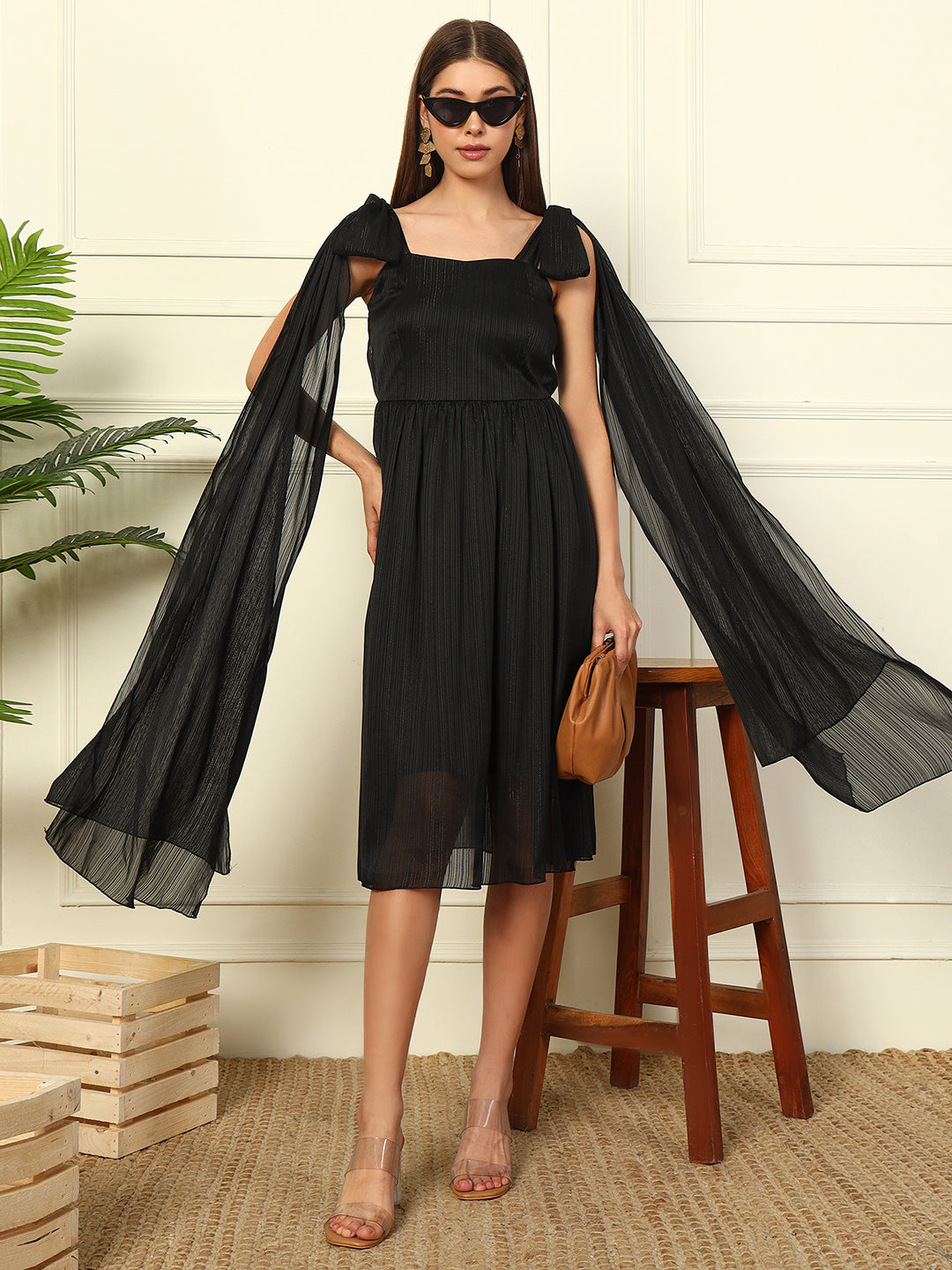 BLACK LUREX SWEETHEART NECK FLARED WOMEN DRESS