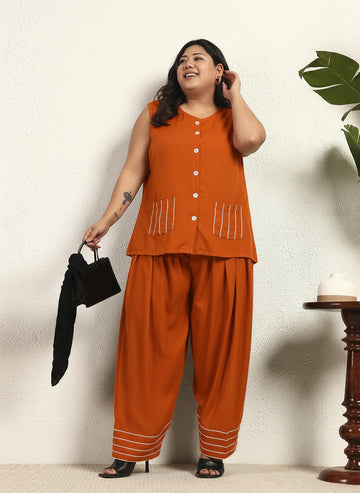 Tan Viscose Rayon Solid Embroidered Top With Salwar Pant Women Plus Size Co-Ord Set