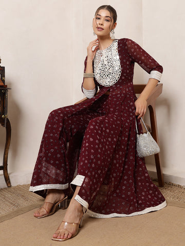 Wine Dobby Floral Printed Anarkali Tunic With Pant Indo Western Women Co-Ord Set