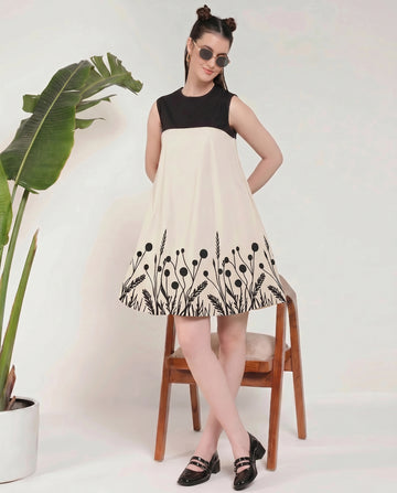 Multicolor Flower Print Cotton Women's A-Line Dress