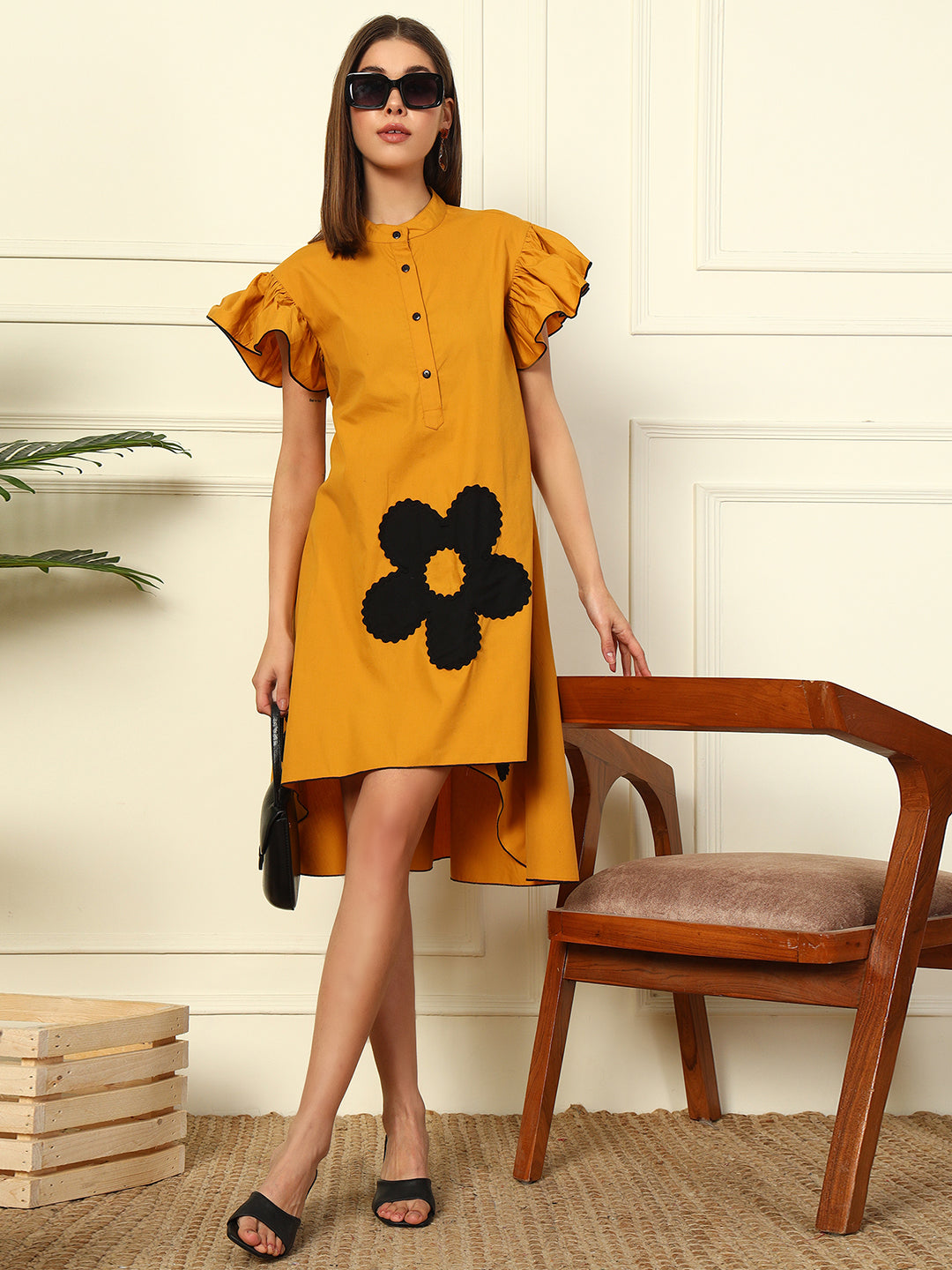 YELLOW A LINE HIGH LOW PATCH WORK WOMEN DRESS