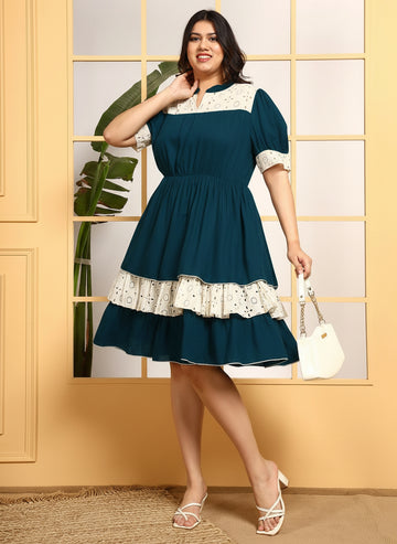 Teal With Embroidered Schiffli Women's Plus Size Tiered Dress
