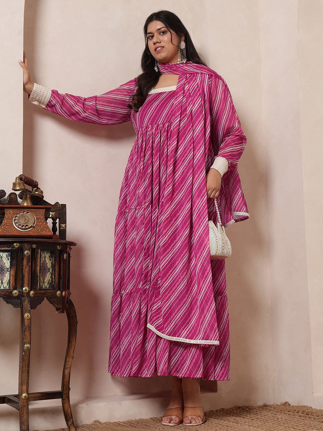 Pink Magenta Laheriya Tiered Ethnic Kurta With Dupatta For Women