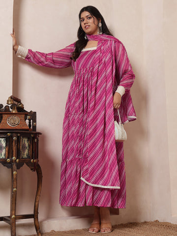 Pink Magenta Laheriya Tiered Ethnic Kurta With Dupatta For Women