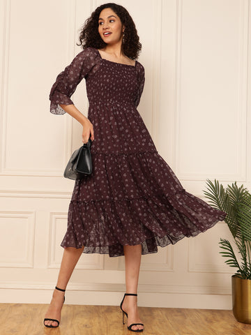 Wine Floral Dobby Printed Smocked Women Tiered Dress