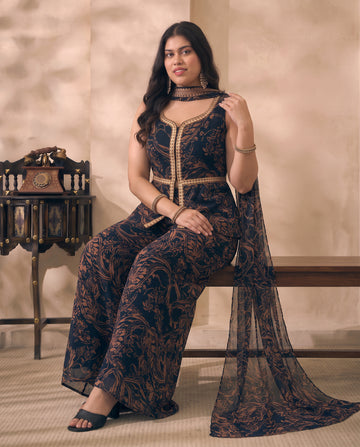 Black Abstract Printed Chiffon Corset Top & Palazzo With Dupatta Women's Plus Size 3 Piece Set