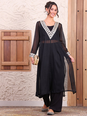 Black Pure Georgette Indo Western Women Co-ord Set