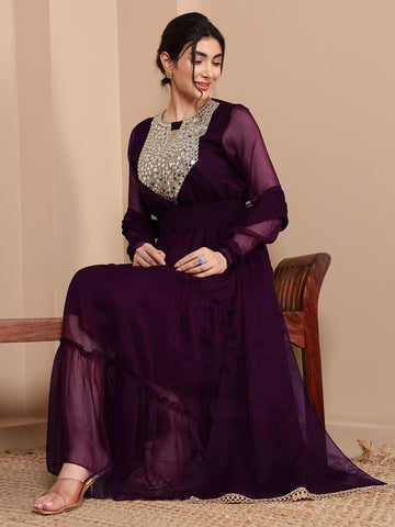Wine Mirror Embroidered Neck Kurta With Dupatta Indo Western Women's Maxi Dress