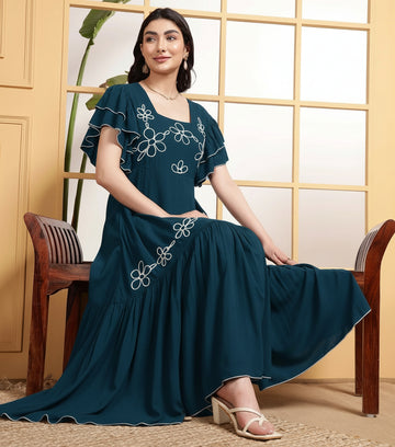 Teal Squared Neck Tiered Embroidered Women's Dress
