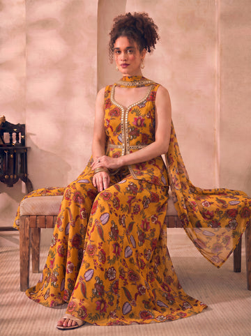 Yellow Paisley Chiffon Corset Top & Palazzo With Dupatta Women 3 Piece Set