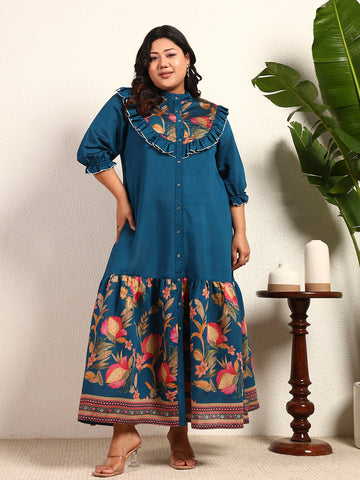 Teal Blue Modal Chanderi Placement Floral Tiered Frill Shirt Womens Plus Size Dress