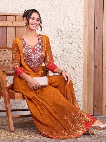 Mustard Printed Pure Muslin Indo Western Women Co-ord Set