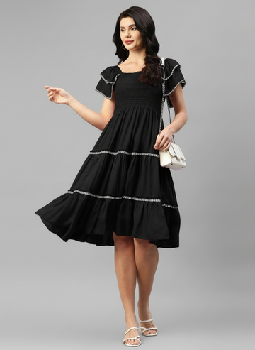 Black Tiered Rayon Women's Dress