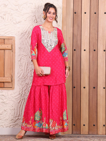 Embroidered Magenta Pure Muslin Bandhani Kurti With Sharara Indo Western Women Co-ord Set