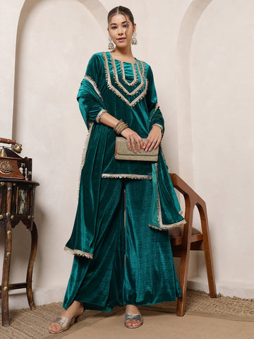 Rama Green Color Kurti With Palazzo With Dupatta Indo Western Women 3 Piece Set