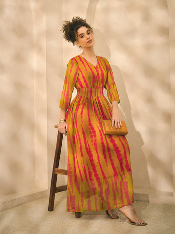 Olive Green Tie-Dye Printed Women Maxi Dress