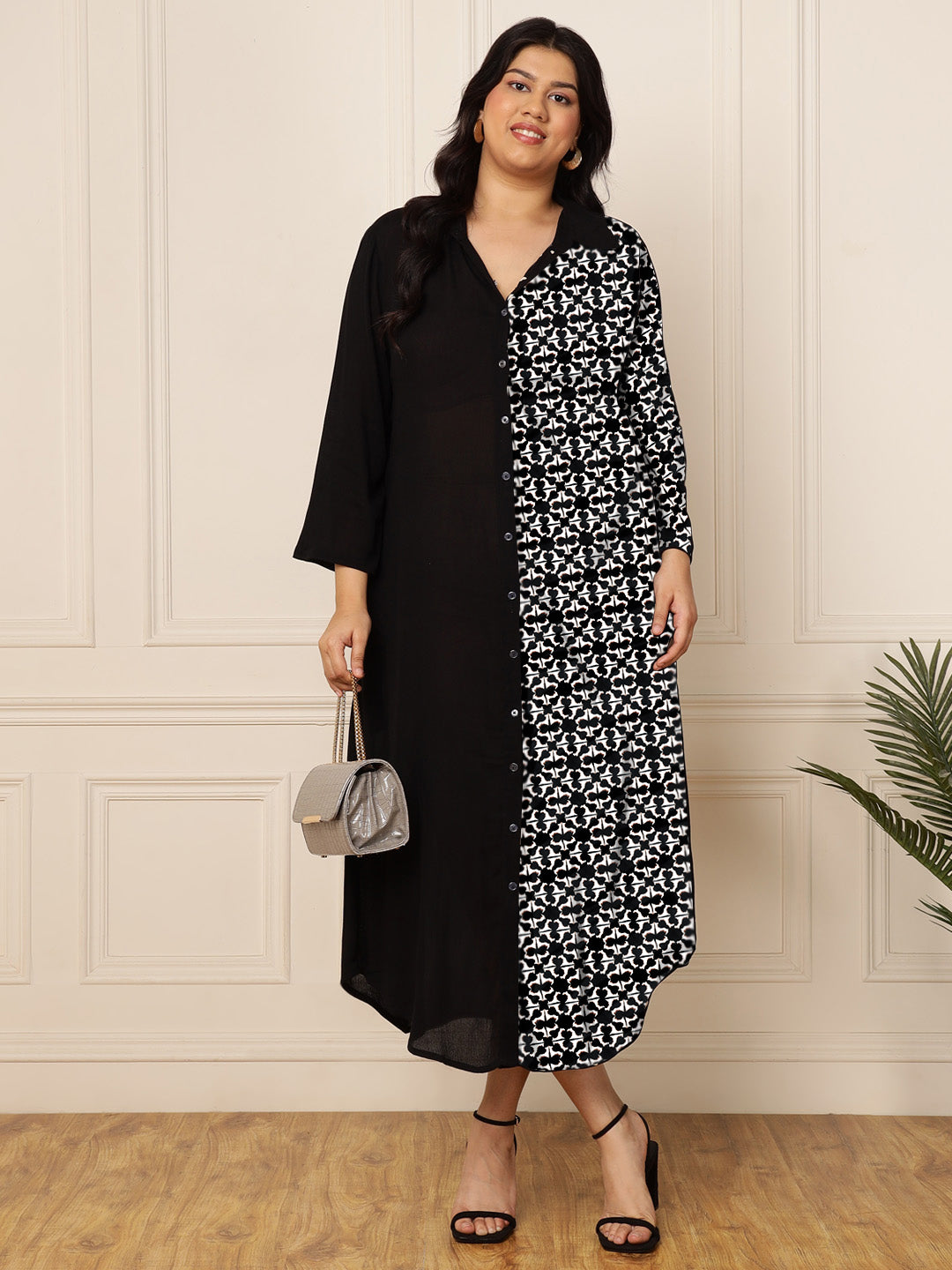 Women's Plus Size Black Geometric Print Shirt Dress