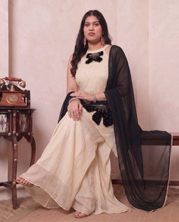 Grey Floral Patch Work Embroidered C-Cut Tunic With Palazzo With Dupatta Women Plus Size Indo Western 3 Piece Set