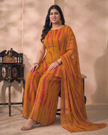 Olive Tie Dye Chiffon Peplum Top With Palazzo & Dupatta Indo Western Women's Plus Size 3 Piece Set