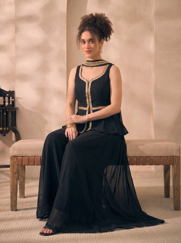 Black Solid Georgette Corset Top & Palazzo With Dupatta Women 3 Piece Set