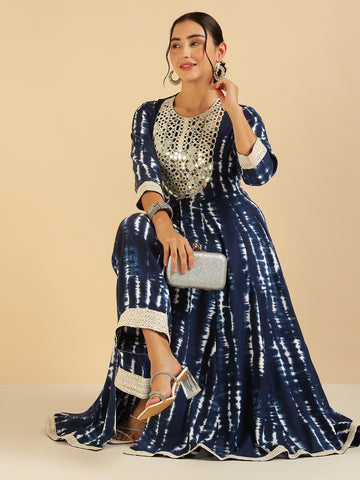 Blue Tie Dye Embroidered Tunic & Palazzo Fusion Women Co-Ord Set