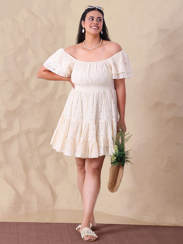 Off White Pure Cotton Schiffli Tiered Women Short Dress