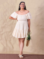 Off White Pure Cotton Schiffli Tiered Women Short Dress