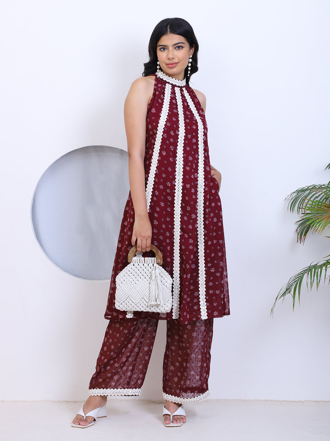 Wine Dobby Printed Ethnic Indo Western Women Co-Ord Set