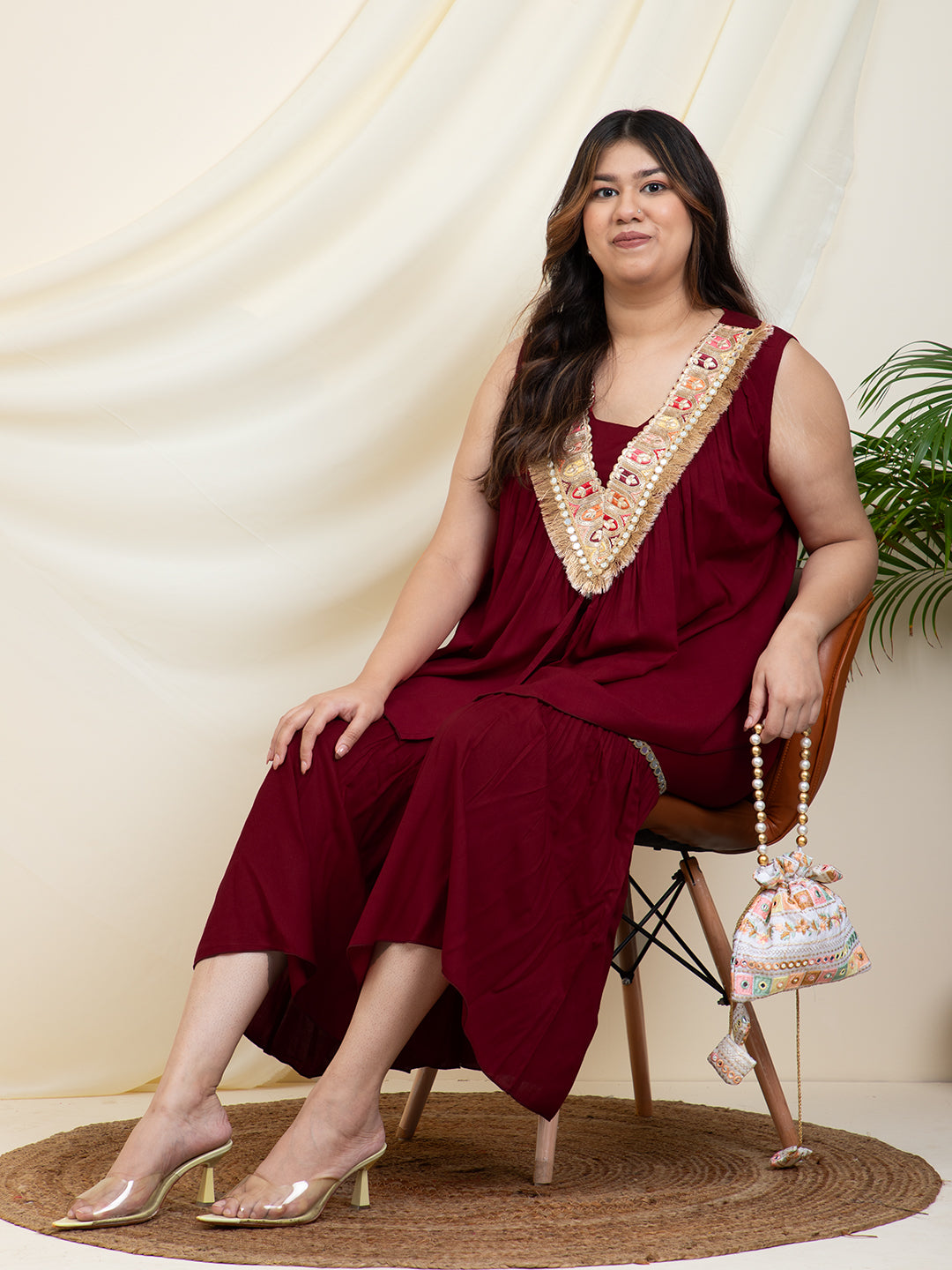 Maroon Peplum Top With Sharara Women Plus SIze Co-Ord Set