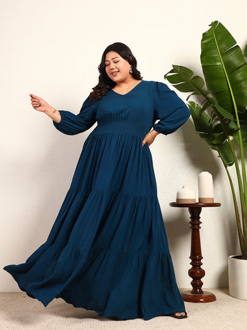 Teal Blue Viscose Rayon Solid Tiered Maxi Womens Plus Size Dress