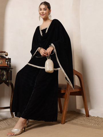 Black Squared Neck Kurta With Palazzo With Dupatta Indo Western Women 3 Piece Set