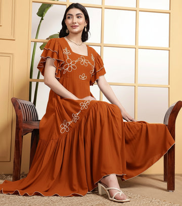 Tan Squared Neck Tiered Embroidered Women's Dress