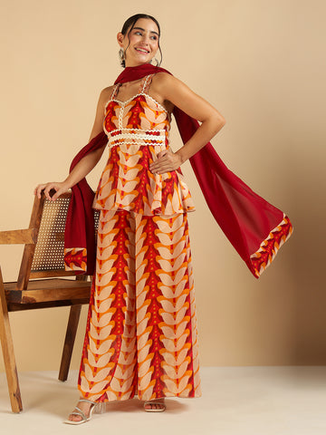 Leaf Multi Printed Peplum Top & Sharara With Dupatta Fusion Women Co-Ord Set