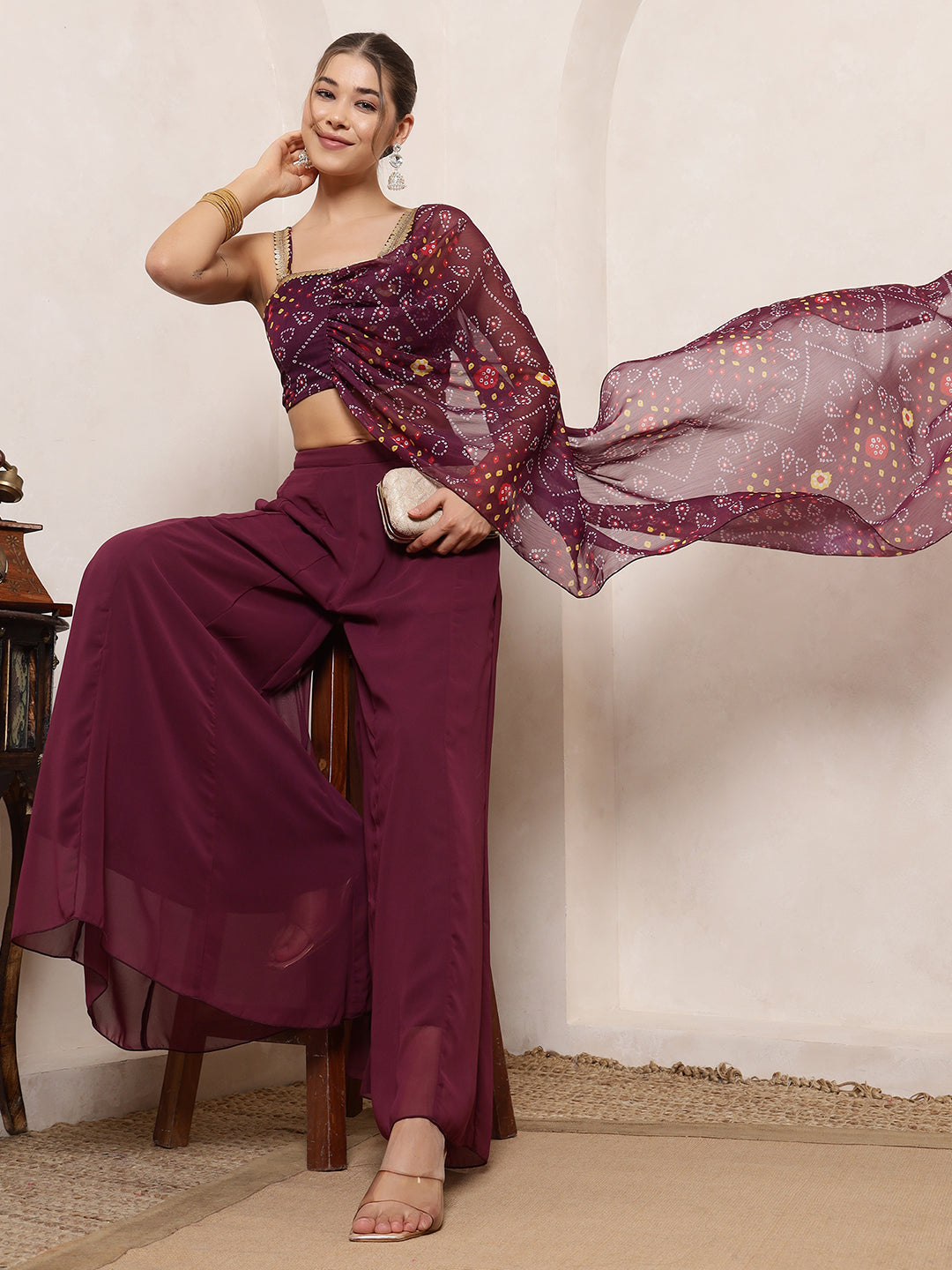 Wine Bandhani Printed Crop Top Attached Dupatta With Panel Sharara Indo Western Women Co-Ord Set
