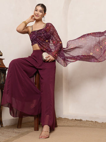 Wine Bandhani Printed Crop Top Attached Dupatta With Panel Sharara Indo Western Women Co-Ord Set