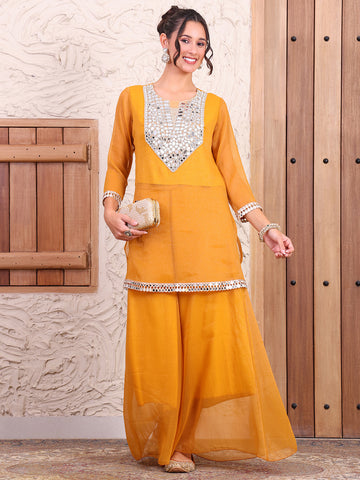 Embroidered Mustard Kurti With Sharara Women Co-ord Set