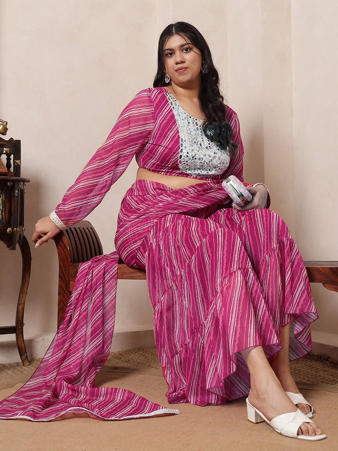 Pink Magenta Laheriya Crop Top With Tiered Sharara Attached Dupatta Women Indo Western Women Co-Ord Set