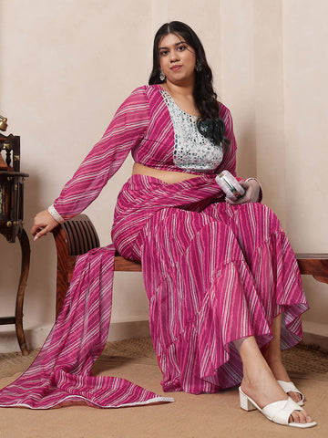 Pink Magenta Laheriya Crop Top With Tiered Sharara Attached Dupatta Women Indo Western Women Co-Ord Set