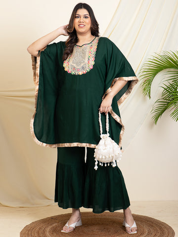 Bottle Green Embroidered Neck Kaftan With Sharara Women Plus Size Co-Ord Set