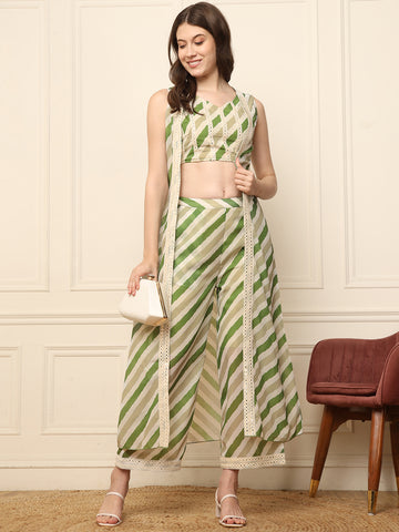 Green Multi Striped Top & Pants Ethnic Indo Western Co-Ord Set