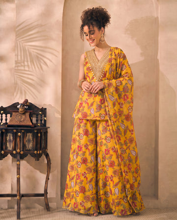Yellow Floral Printed Chiffon Peplum Top & Palazzo With Dupatta Indo Western Women 3 Piece Set