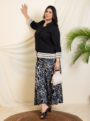 Black Shirt With Printed Palazzos Women Plus Size Co-Ord Set