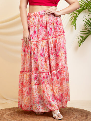 Women's Floral Printed Tiered Maxi Plus Size Skirt