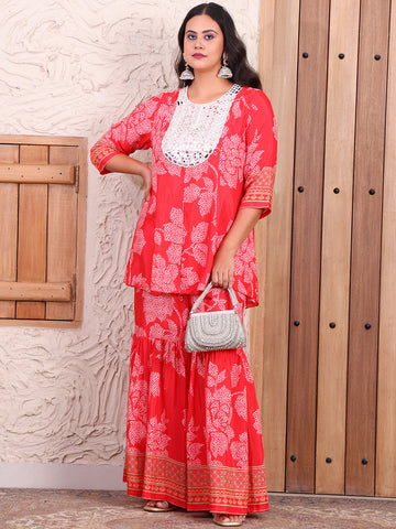 Floral Printed Pure Muslin Panel Top With Sharara Indo Western Women Coord Set