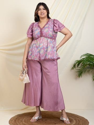 Lavender Printed Embroidered Ethnic Indo Western Plus SIze Co-Ord Set