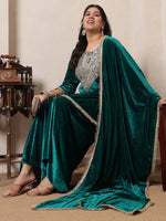 Velvet Rama Green Kurti Embroidered Neck Patch Sharara With Dupatta Women Indo Western Women Co-Ord Set