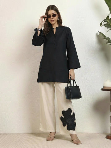 Black Cotton Floral Patch Work Women Co-Ord Set